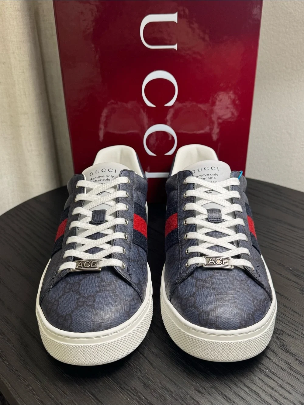 Gucci Ace Web Sneakers GG Monogram Navy 10.5